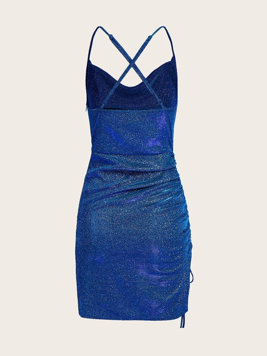 BAE Crisscross Backless Ruched Glitter Bodycon Dress