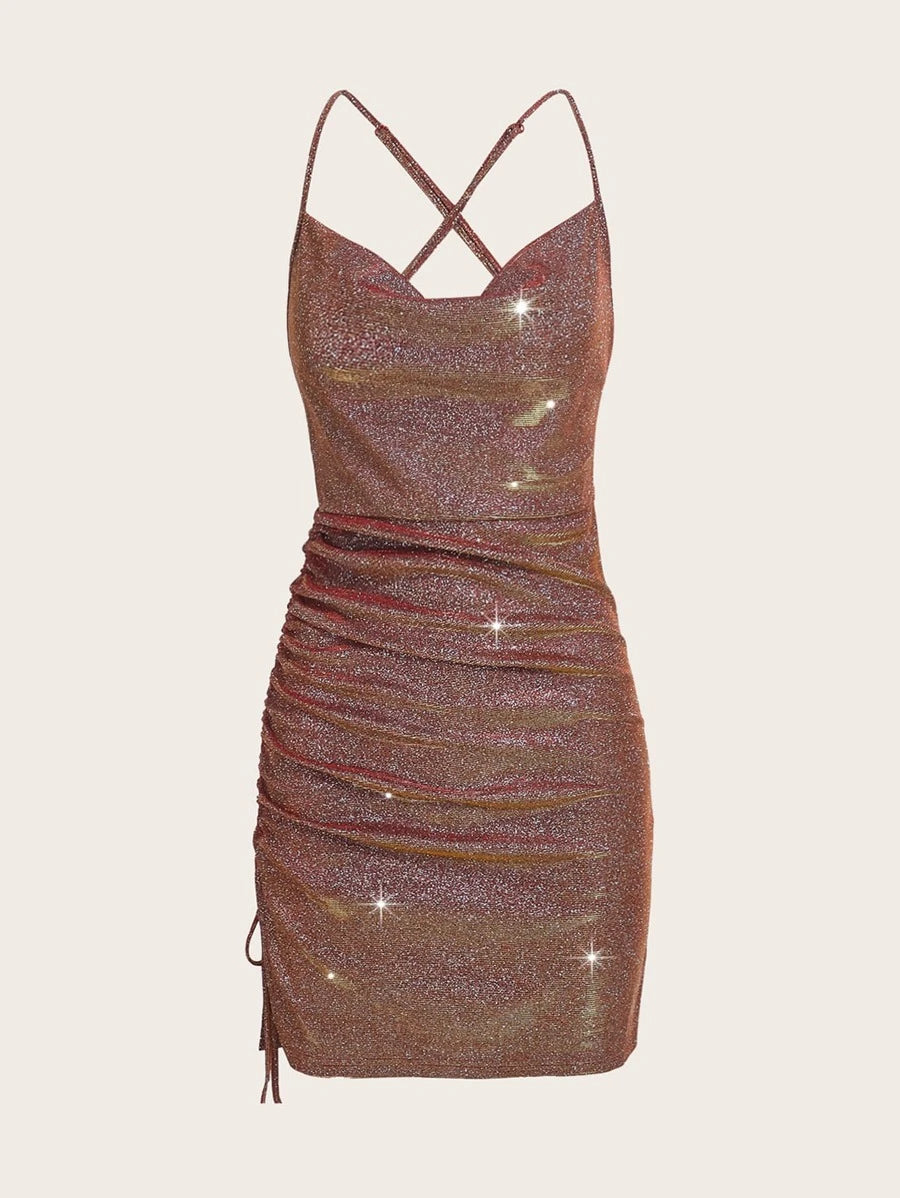 BAE Crisscross Backless Ruched Glitter Bodycon Dress