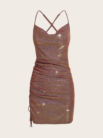 BAE Crisscross Backless Ruched Glitter Bodycon Dress