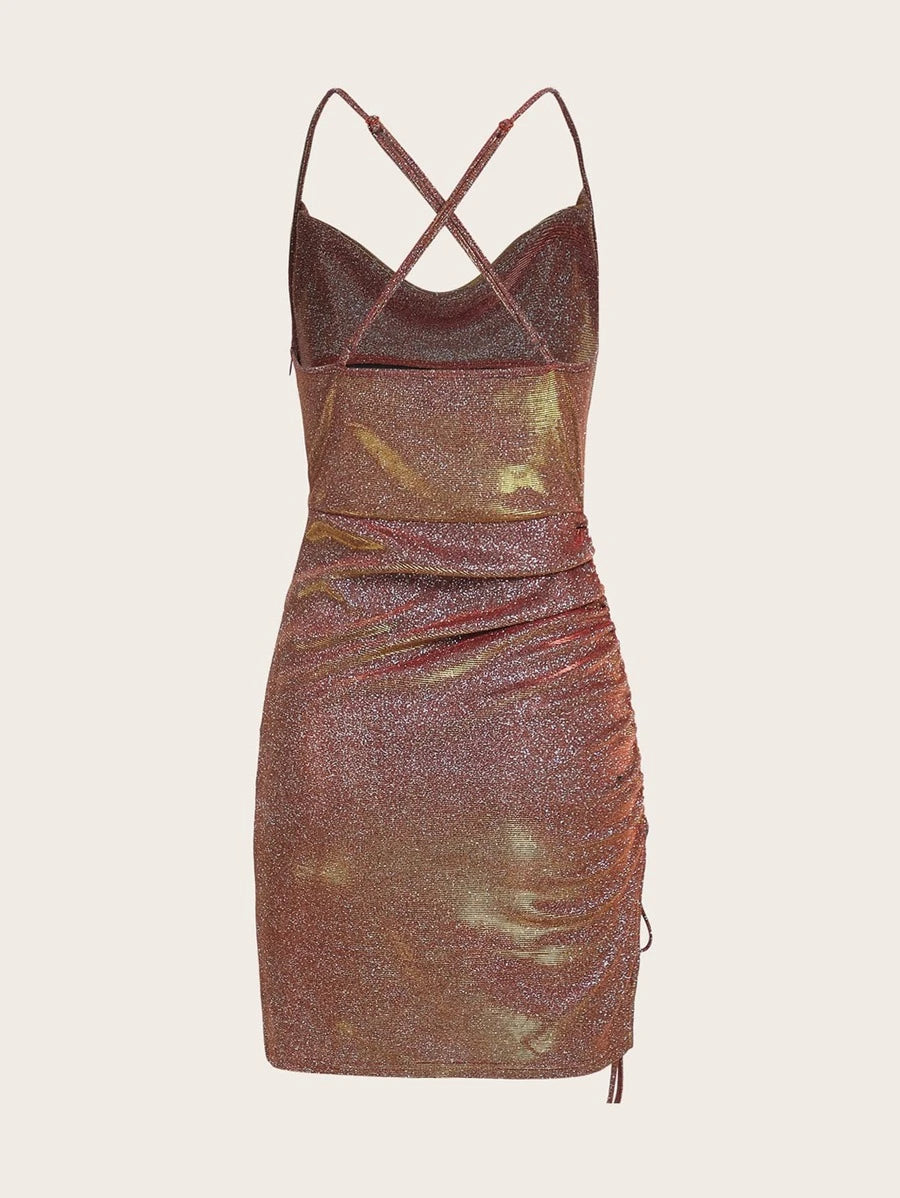 BAE Crisscross Backless Ruched Glitter Bodycon Dress