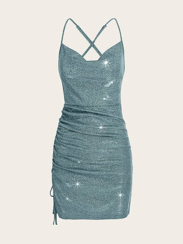 BAE Crisscross Backless Ruched Glitter Bodycon Dress