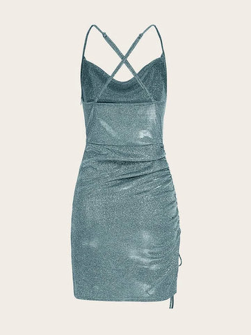 BAE Crisscross Backless Ruched Glitter Bodycon Dress