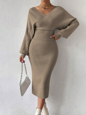 BAE Surplice Neck Batwing Sleeve Sweater & Knit Skirt