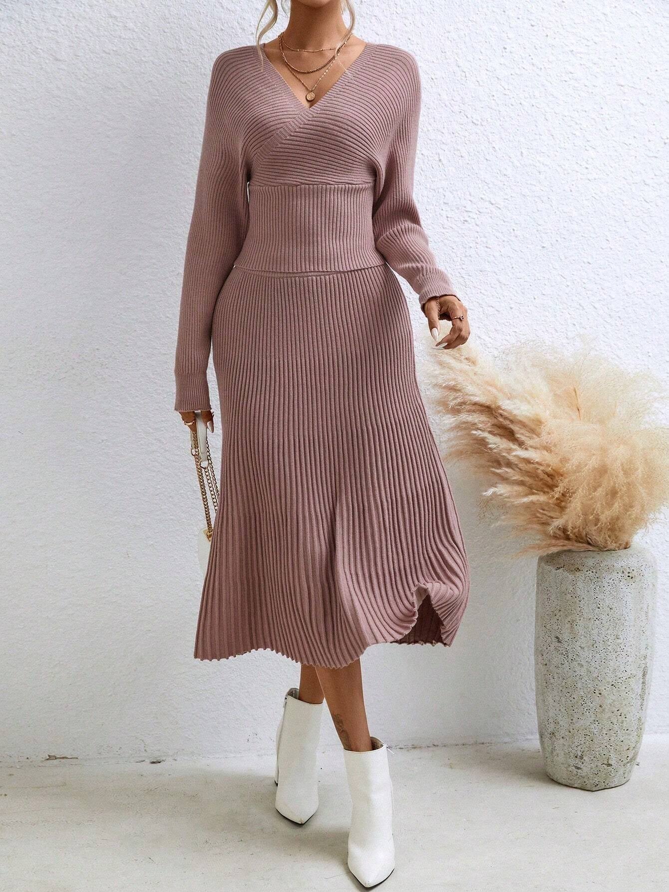 BAE Surplice Neck Batwing Sleeve Sweater & Knit Skirt