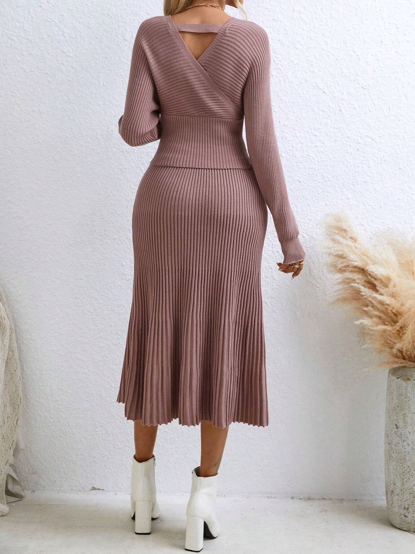 BAE Surplice Neck Batwing Sleeve Sweater & Knit Skirt