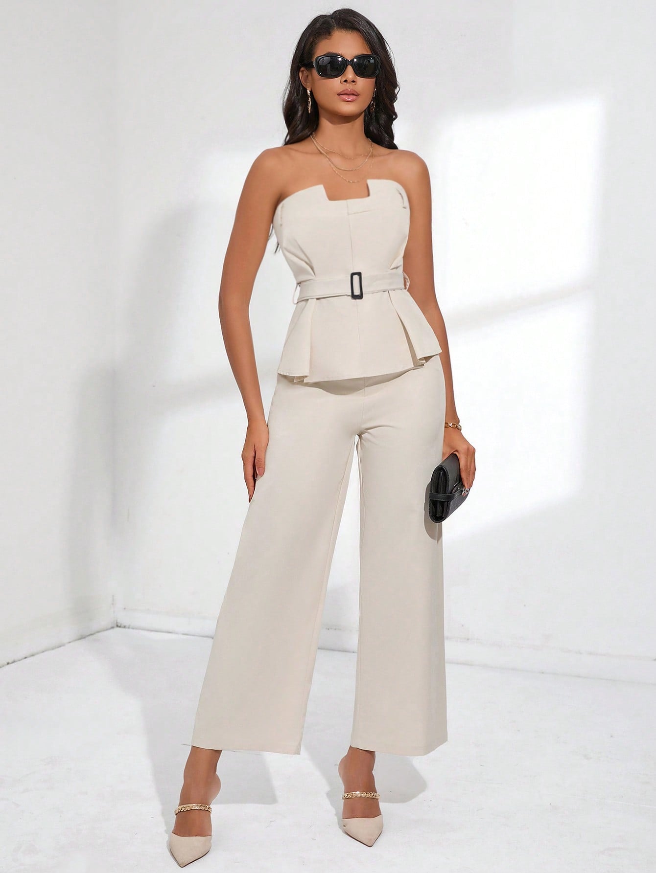 BIZwear Belted Tube Top & Wide Leg Pants