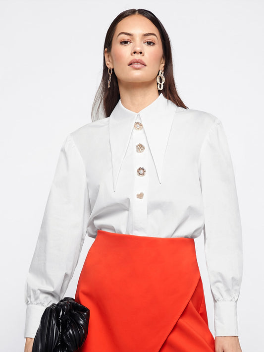 BIZwear Cotton Peak Collar Button Front Blouse Workwear