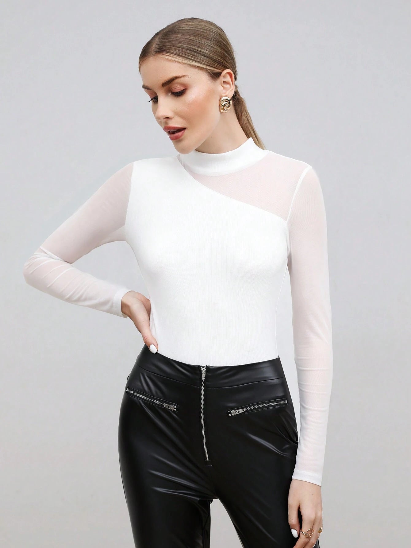 BIZwear Mock Neck Mesh Panel Bodysuit