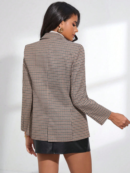 BIZwear Plaid Lapel Collar Double Breasted Blazer