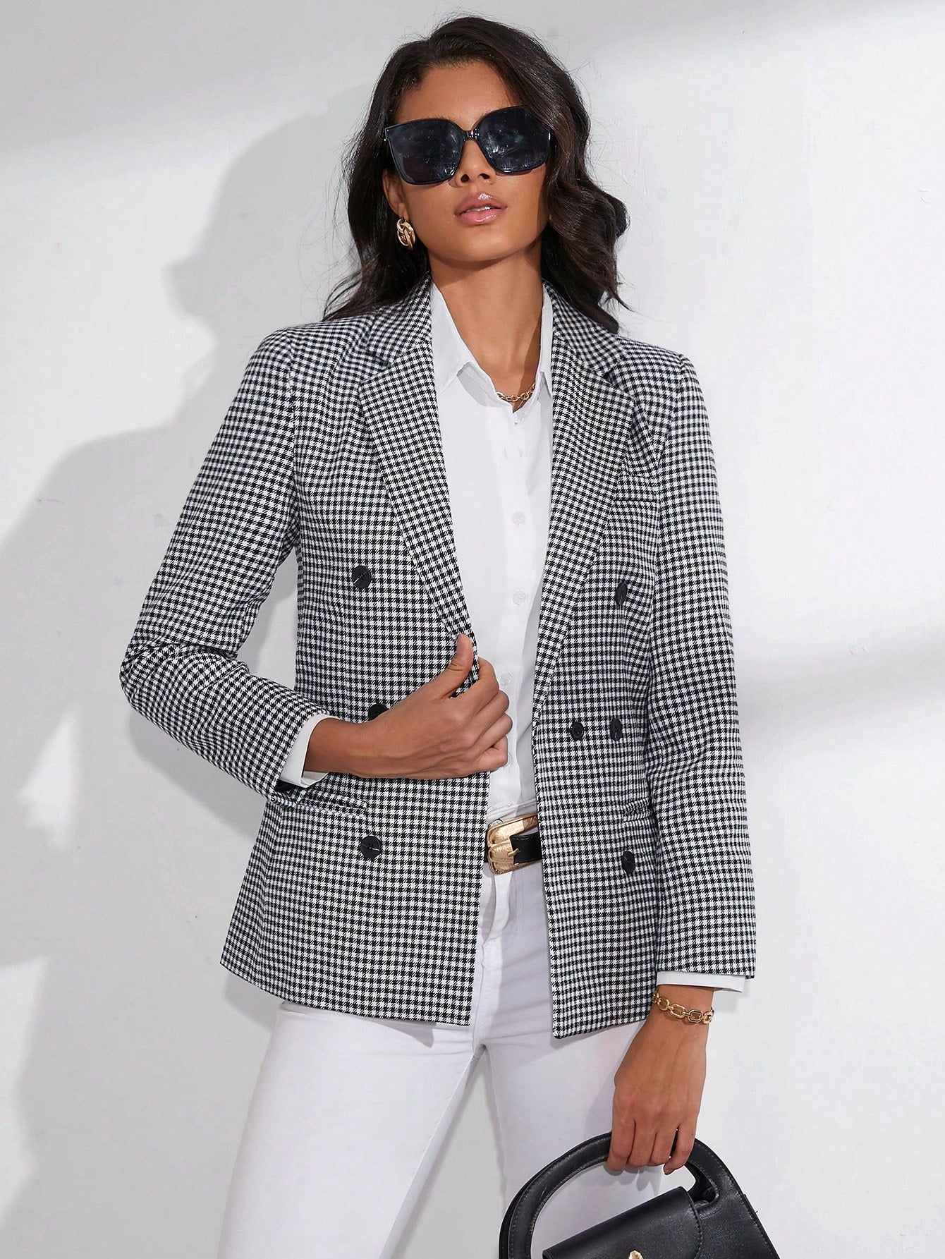 BIZwear Plaid Lapel Collar Double Breasted Blazer