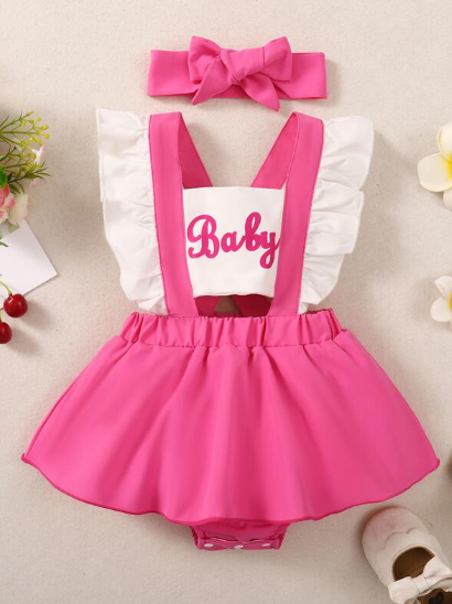 Baby Letter Graphic Ruffle Trim Combo Overall Dress