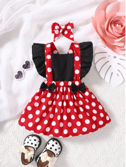 Baby Polka Dot Ruffle Trim Bow Front Overall Dress