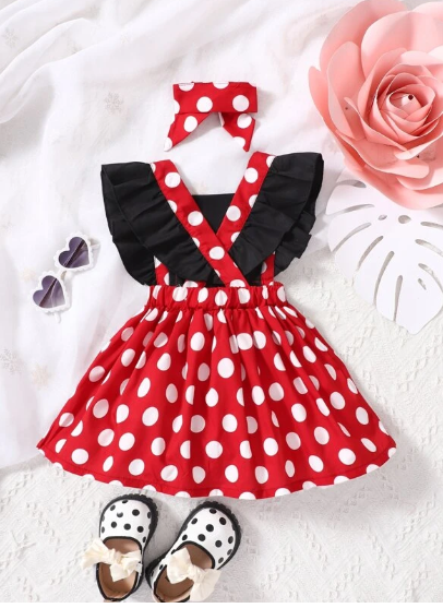 Baby Polka Dot Ruffle Trim Bow Front Overall Dress