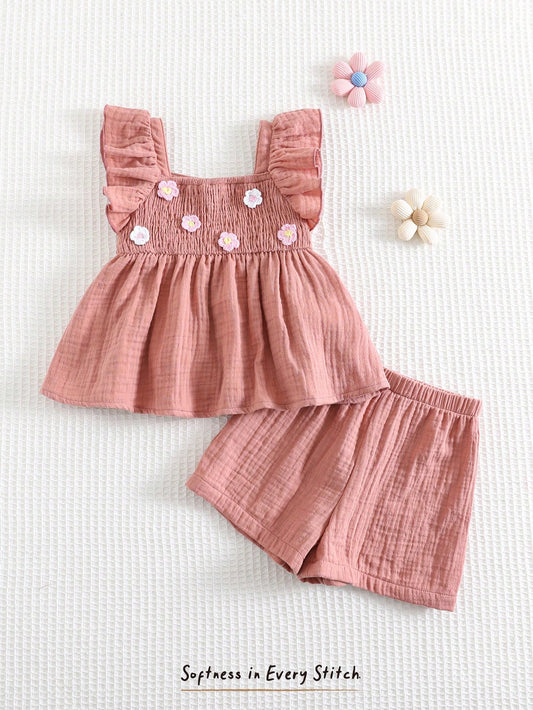 Baby Girl 3D Flower Collar Ruffle Sleeveless Vest And Elastic Waist Shorts