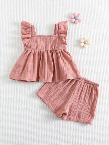 Baby Girl 3D Flower Collar Ruffle Sleeveless Vest And Elastic Waist Shorts
