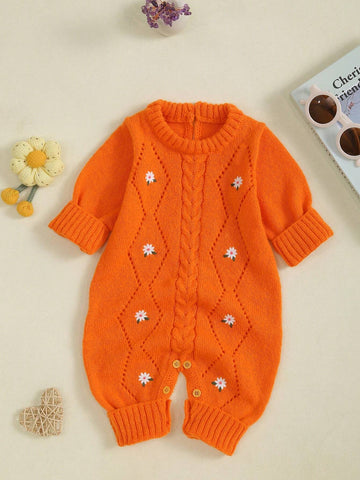 Baby Girl Casual Embroidered Long Sleeve Knitted Jumpsuit