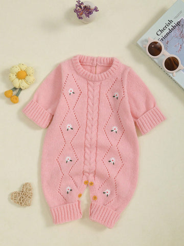 Baby Girl Casual Embroidered Long Sleeve Knitted Jumpsuit