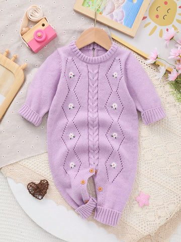Baby Girl Casual Embroidered Long Sleeve Knitted Jumpsuit