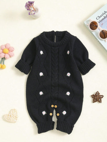 Baby Girl Casual Embroidered Long Sleeve Knitted Jumpsuit