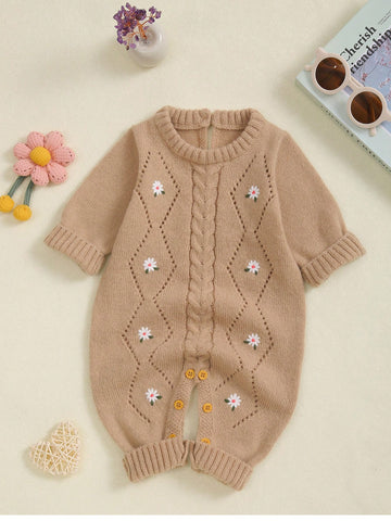 Baby Girl Casual Embroidered Long Sleeve Knitted Jumpsuit