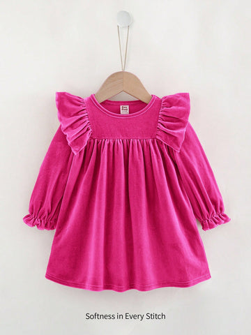 Baby Girl Solid Color Knitted Soft Round Neck Ruffle Hem Cinched Waist Long Sleeve Dress