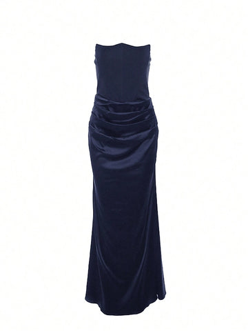 Women Pleated Sexy Backless Fitted Evening Dress