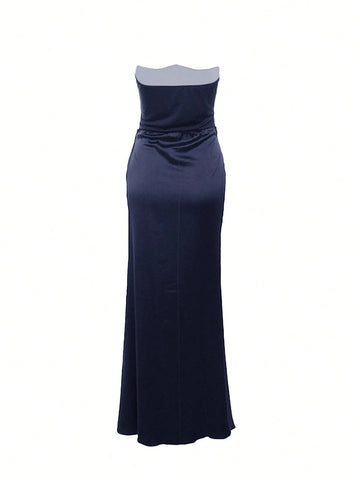 Women Pleated Sexy Backless Fitted Evening Dress