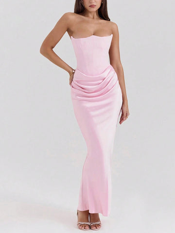 Women Pleated Sexy Backless Fitted Evening Dress