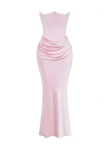 Women Pleated Sexy Backless Fitted Evening Dress
