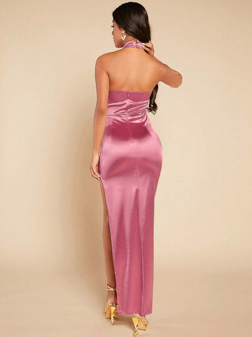 Belle Cross Wrap Halter Backless Split Thigh Satin Bridesmaid Dress