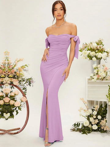 Belle Off Shoulder Knot Side Ruched Wrap Hem Bridesmaid Dress