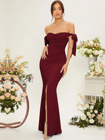 Belle Off Shoulder Knot Side Ruched Wrap Hem Bridesmaid Dress