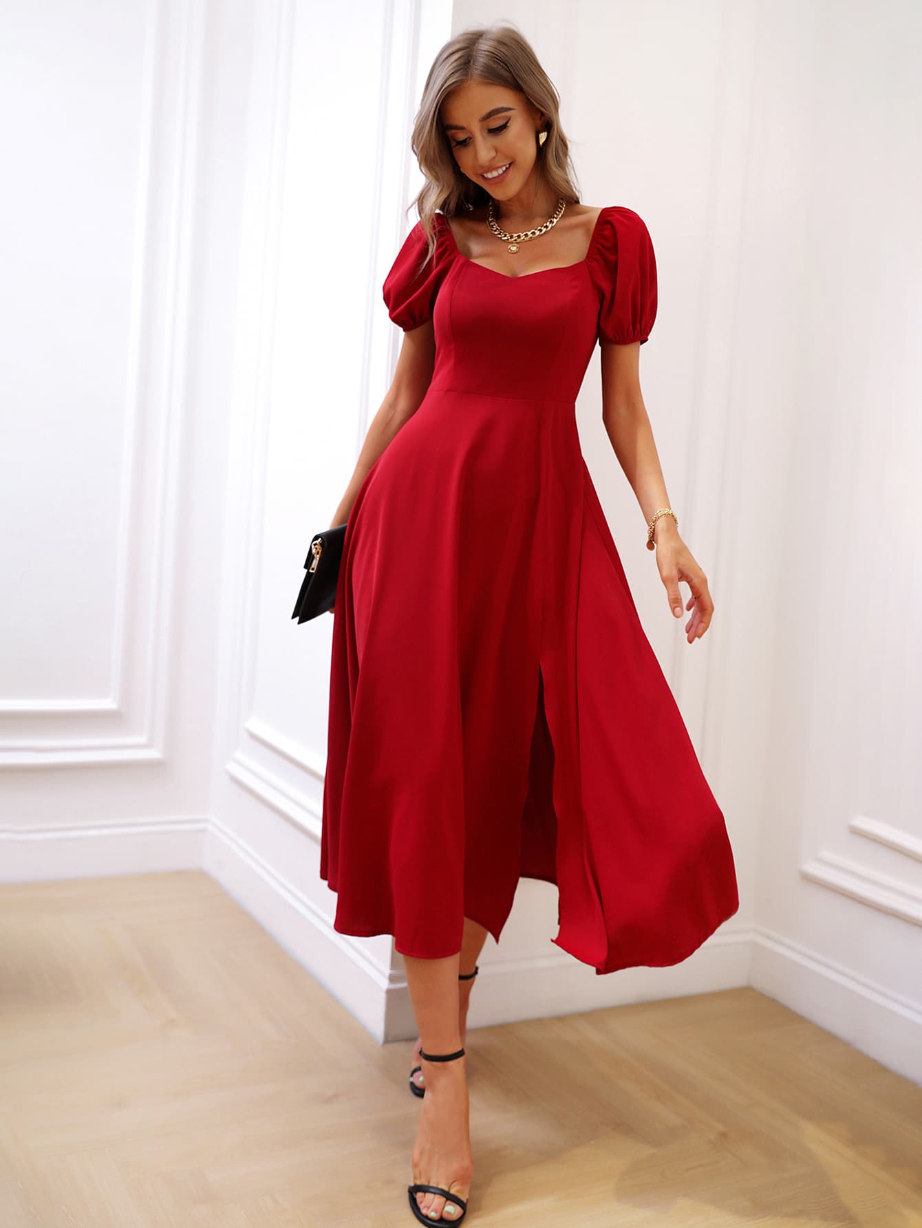 Belle Puff Sleeve Sweetheart Neck Split Thigh Dress