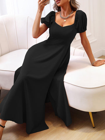 Belle Puff Sleeve Sweetheart Neck Split Thigh Dress