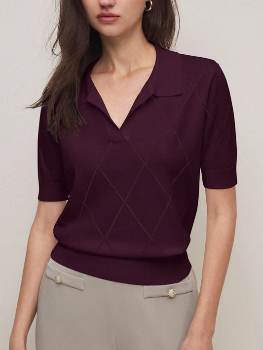 Polo Collar Diamond Knit Sweater Top