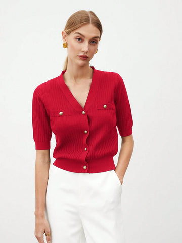 Women's Single-Breasted Short Sleeve Knit Top