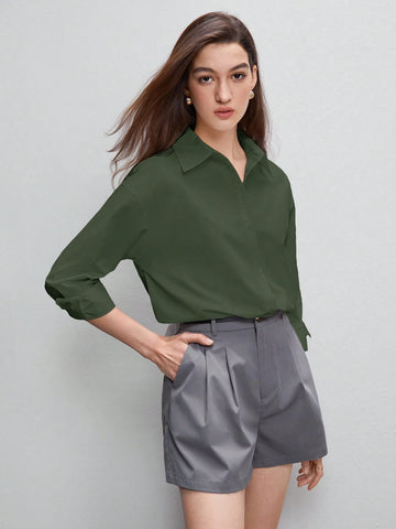BizChic Solid Drop Shoulder Curved Hem Shirt