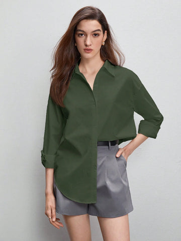 BizChic Solid Drop Shoulder Curved Hem Shirt