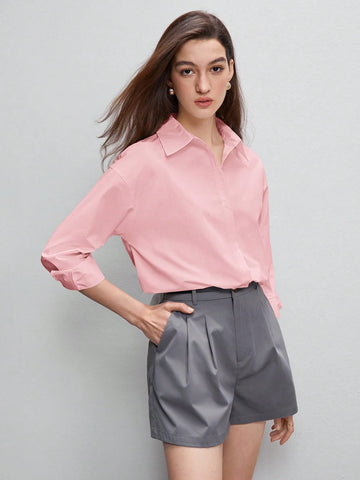BizChic Solid Drop Shoulder Curved Hem Shirt