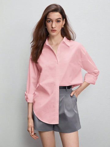 BizChic Solid Drop Shoulder Curved Hem Shirt