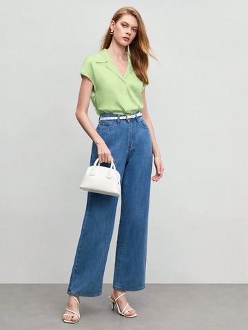 BizChic Women's Solid Color Turndown Collar Button Down Short Sleeve Silky Blouse