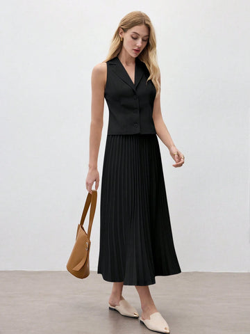 Women's Coffee Solid Color Sleeveless Lapel Vest & Skirt Set