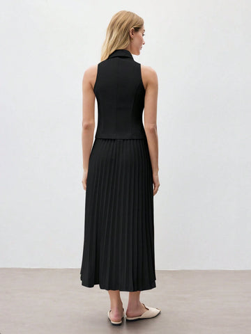 Women's Coffee Solid Color Sleeveless Lapel Vest & Skirt Set