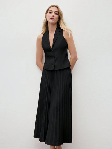 Women's Coffee Solid Color Sleeveless Lapel Vest & Skirt Set