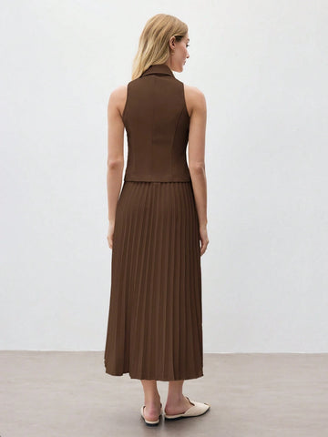 Women's Coffee Solid Color Sleeveless Lapel Vest & Skirt Set