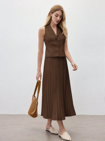 Women's Coffee Solid Color Sleeveless Lapel Vest & Skirt Set