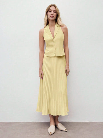 Women's Coffee Solid Color Sleeveless Lapel Vest & Skirt Set