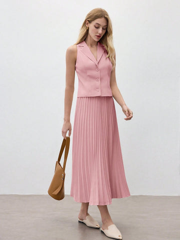 Women's Coffee Solid Color Sleeveless Lapel Vest & Skirt Set