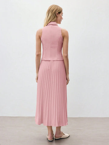 Women's Coffee Solid Color Sleeveless Lapel Vest & Skirt Set