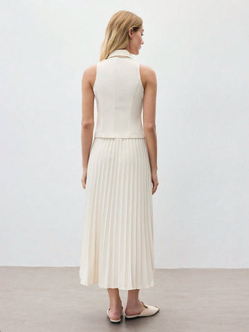Women's Coffee Solid Color Sleeveless Lapel Vest & Skirt Set